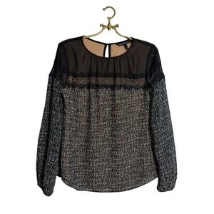 White House Black Market Tweed Lace Sheer Sleeve Top Blouse Women's Size 4